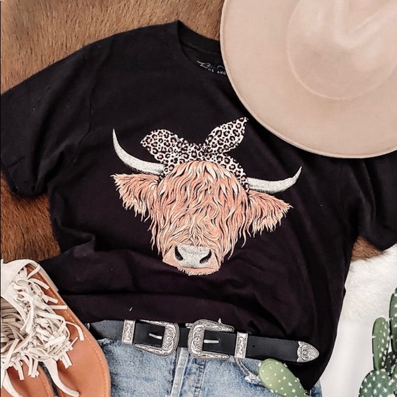 Highlander T-Shirt Cow Leopard Western Ranch Boho - Picture 2 of 2